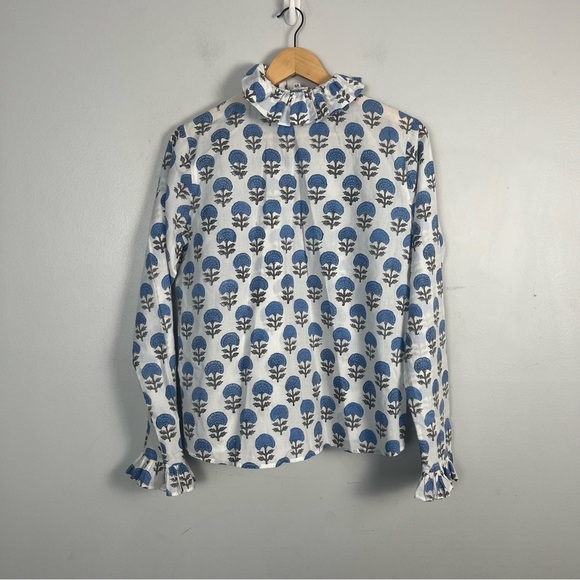 Saule Parc hand printed ruffle neck button down blouse size XS cotton blue - Picture 6 of 6